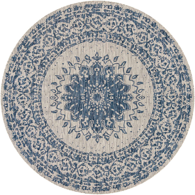 Blue 7' 10 x 7' 10 Outdoor Traditional Round Area Rug Weather Resistant for Patio, Deck, Terrace, Balcony, Porch Classical Design Outside Carpet for Sale at Rug Engine