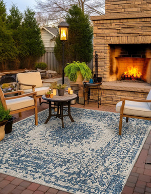 Blue 12' x 12' Outdoor Traditional Square Area Rug Weather Resistant for Patio, Deck, Terrace, Balcony, Porch Classical Design Outside Carpet for Sale at Rug Engine