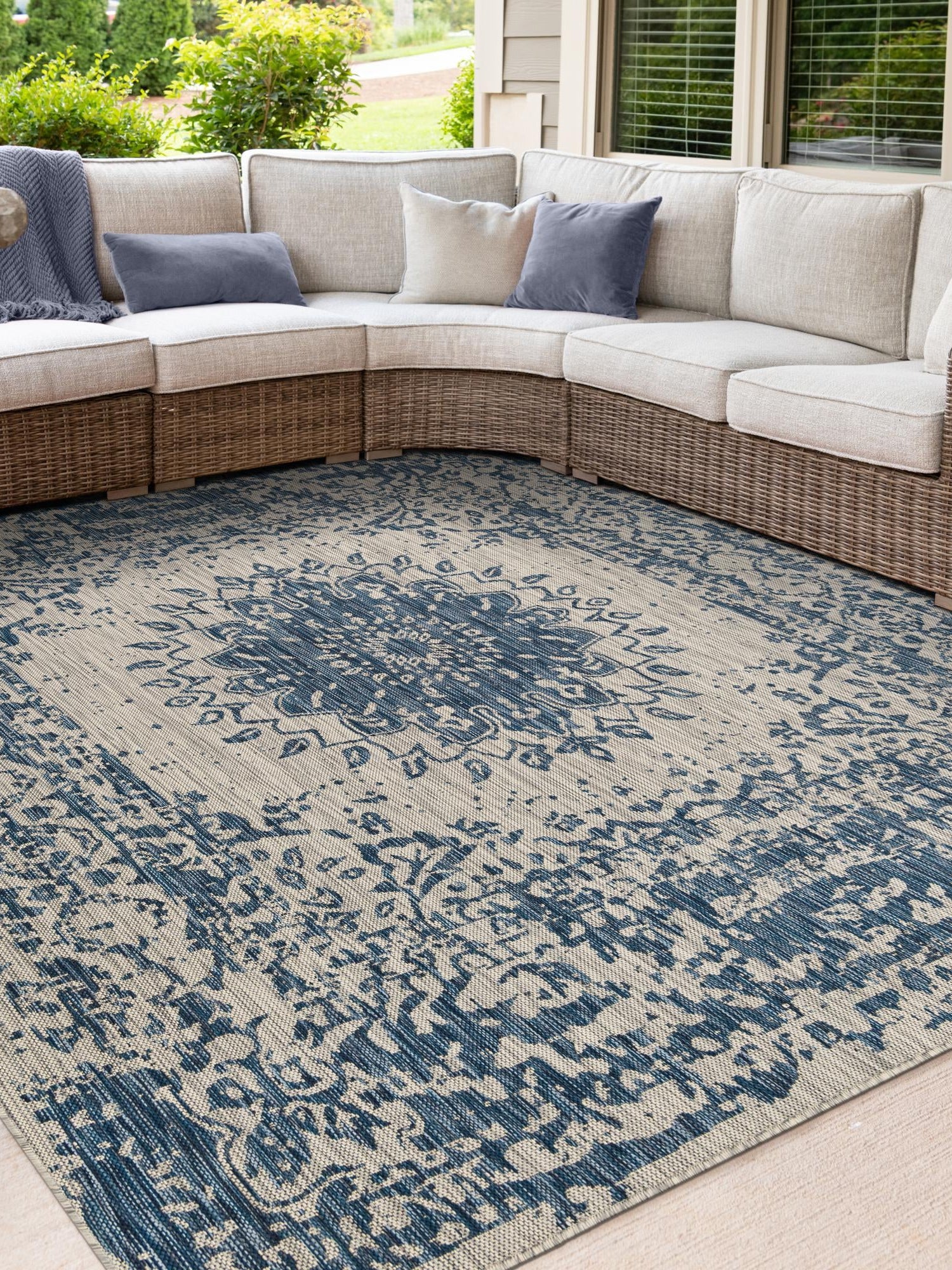Blue 7' 10 x 7' 10 Outdoor Traditional Square Area Rug Weather Resistant for Patio, Deck, Terrace, Balcony, Porch Classical Design Outside Carpet for Sale at Rug Engine