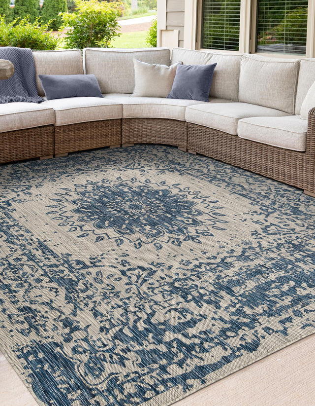 Blue 7' 10 x 7' 10 Outdoor Traditional Square Area Rug Weather Resistant for Patio, Deck, Terrace, Balcony, Porch Classical Design Outside Carpet for Sale at Rug Engine