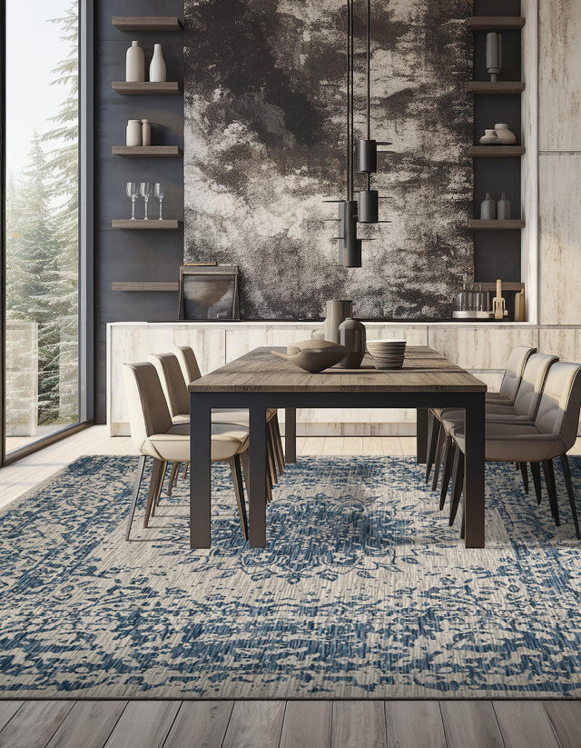 Blue 12' x 12' Outdoor Traditional Square Area Rug Weather Resistant for Patio, Deck, Terrace, Balcony, Porch Classical Design Outside Carpet for Sale at Rug Engine