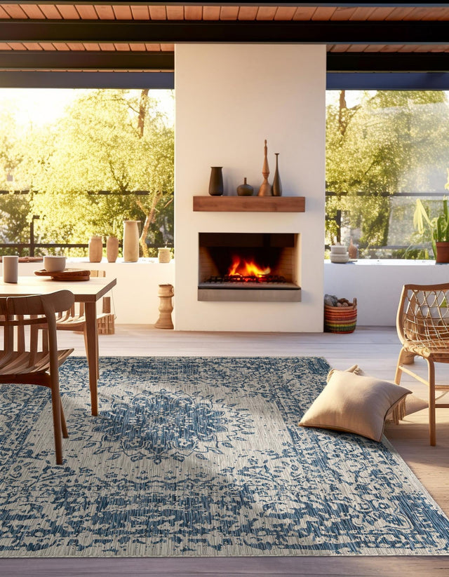 Blue 12' x 12' Outdoor Traditional Square Area Rug Weather Resistant for Patio, Deck, Terrace, Balcony, Porch Classical Design Outside Carpet for Sale at Rug Engine