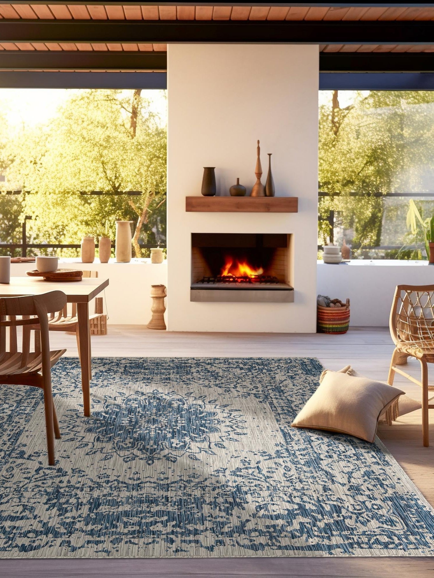 Blue 7' 10 x 7' 10 Outdoor Traditional Square Area Rug Weather Resistant for Patio, Deck, Terrace, Balcony, Porch Classical Design Outside Carpet for Sale at Rug Engine