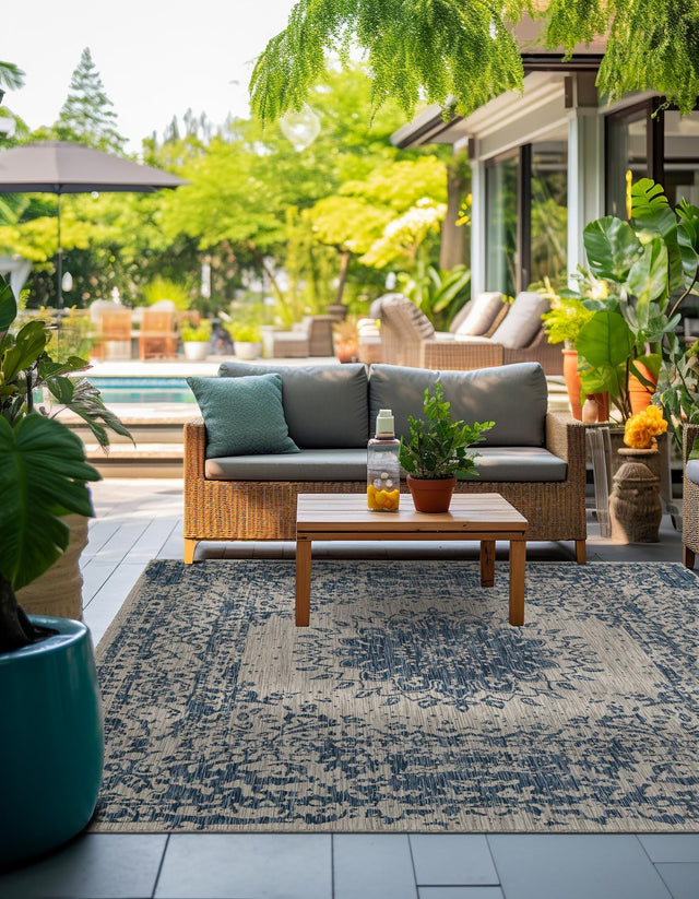Blue 12' x 12' Outdoor Traditional Square Area Rug Weather Resistant for Patio, Deck, Terrace, Balcony, Porch Classical Design Outside Carpet for Sale at Rug Engine