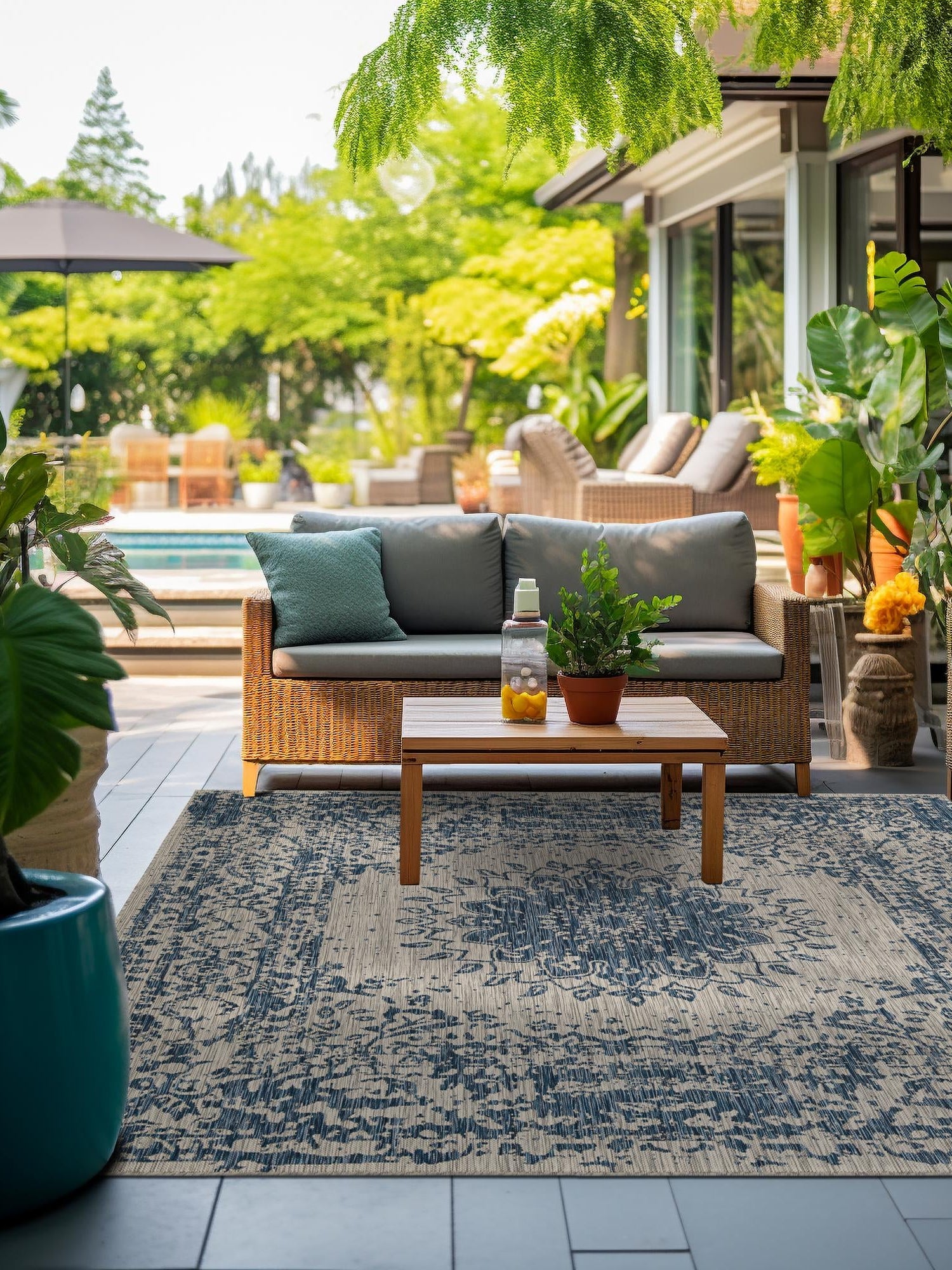 Blue 7' 10 x 7' 10 Outdoor Traditional Square Area Rug Weather Resistant for Patio, Deck, Terrace, Balcony, Porch Classical Design Outside Carpet for Sale at Rug Engine