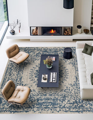 Blue 12' x 12' Outdoor Traditional Square Area Rug Weather Resistant for Patio, Deck, Terrace, Balcony, Porch Classical Design Outside Carpet for Sale at Rug Engine