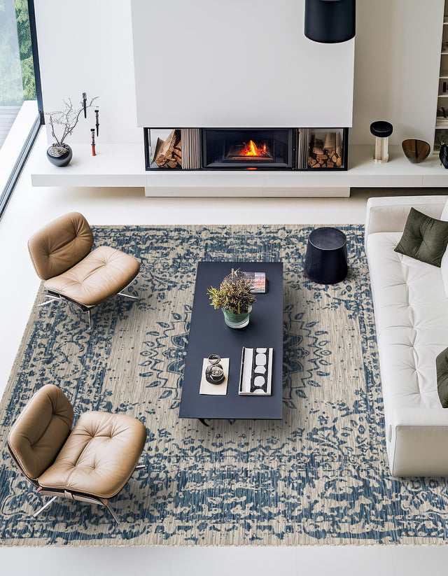 Blue 12' x 12' Outdoor Traditional Square Area Rug Weather Resistant for Patio, Deck, Terrace, Balcony, Porch Classical Design Outside Carpet for Sale at Rug Engine