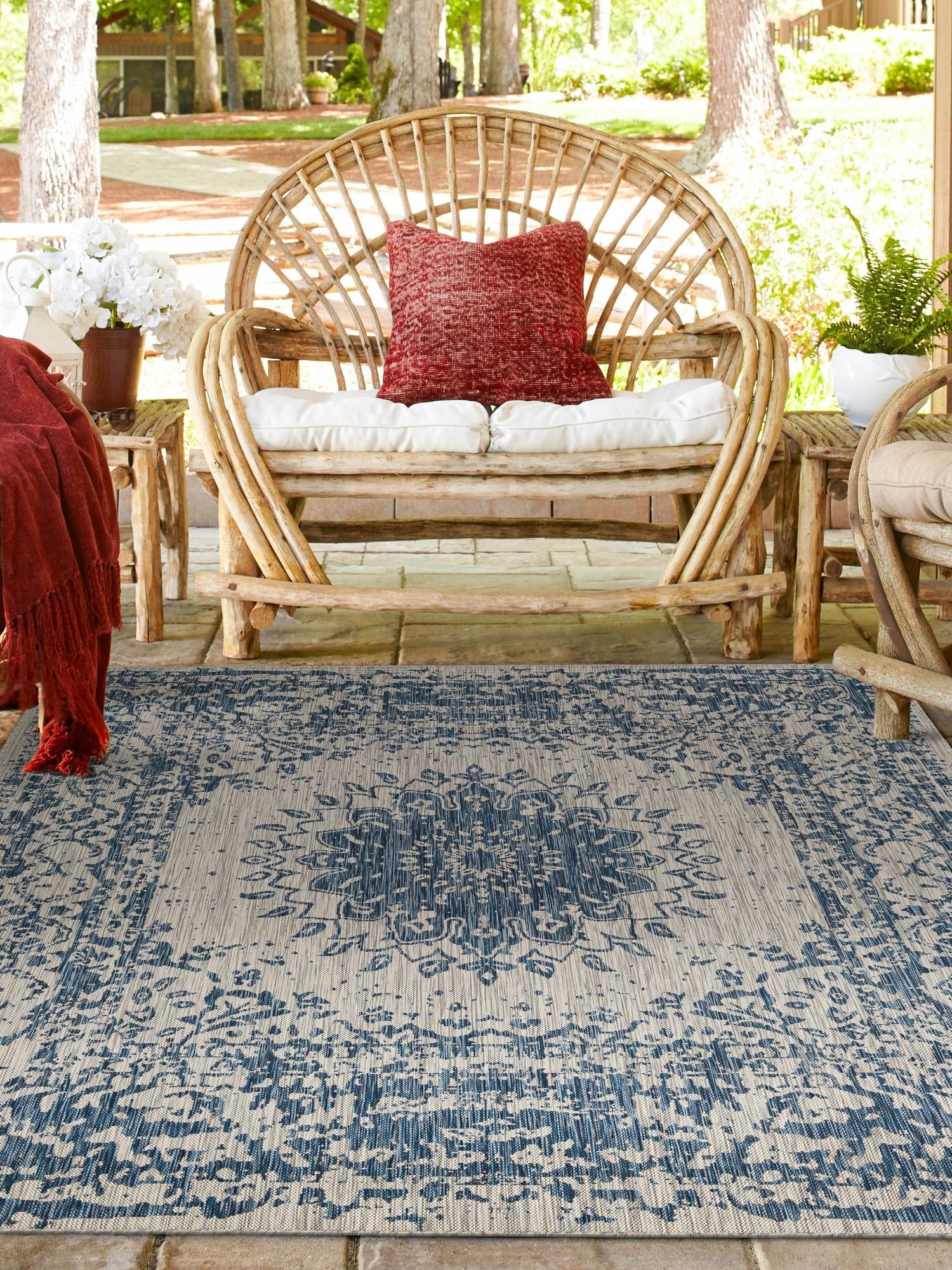 Blue 7' 10 x 7' 10 Outdoor Traditional Square Area Rug Weather Resistant for Patio, Deck, Terrace, Balcony, Porch Classical Design Outside Carpet for Sale at Rug Engine