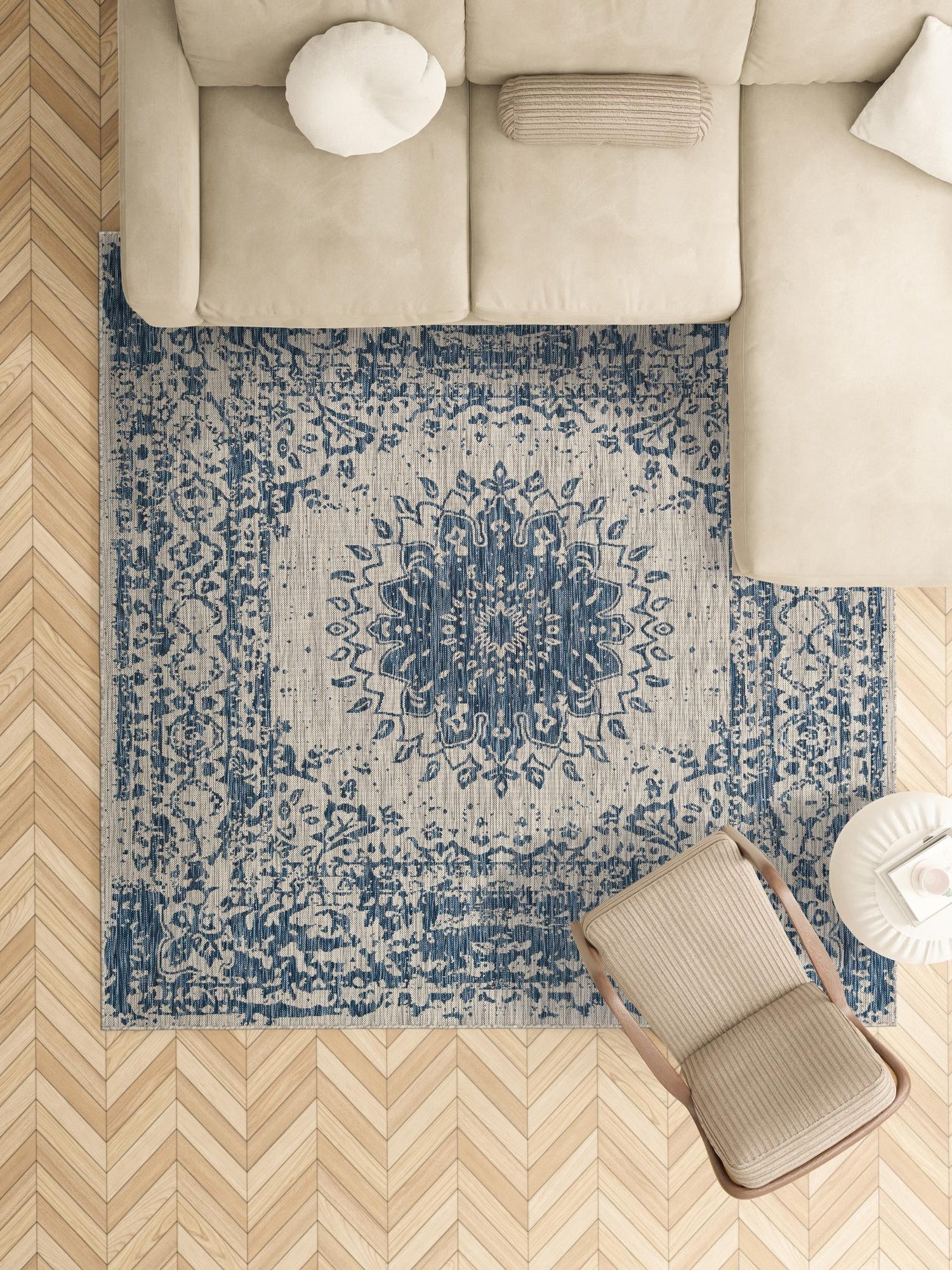Blue 7' 10 x 7' 10 Outdoor Traditional Square Area Rug Weather Resistant for Patio, Deck, Terrace, Balcony, Porch Classical Design Outside Carpet for Sale at Rug Engine