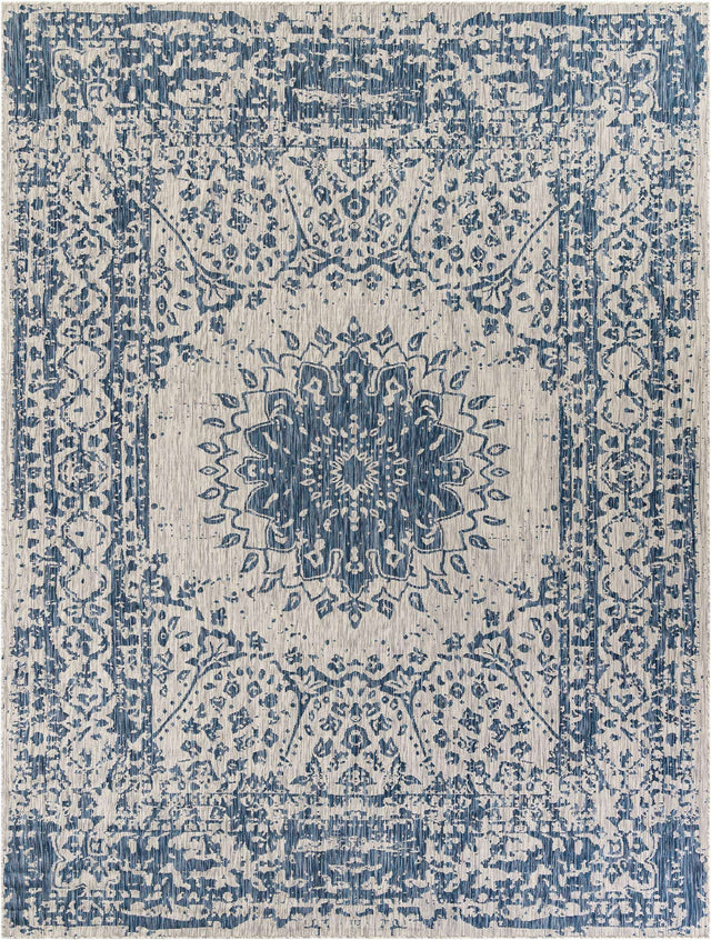 Blue 9' x 12' Outdoor Traditional Rectangle Area Rug Weather Resistant for Patio, Deck, Terrace, Balcony, Porch Classical Design Outside Carpet for Sale at Rug Engine