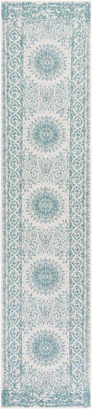 Aqua 2' 7 x 12' Outdoor Traditional Runner Area Rug Weather Resistant for Patio, Deck, Terrace, Balcony, Porch Classical Design Outside Carpet for Sale at Rug Engine