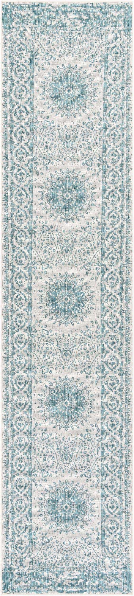 Aqua 2' 7 x 12' Outdoor Traditional Runner Area Rug Weather Resistant for Patio, Deck, Terrace, Balcony, Porch Classical Design Outside Carpet for Sale at Rug Engine