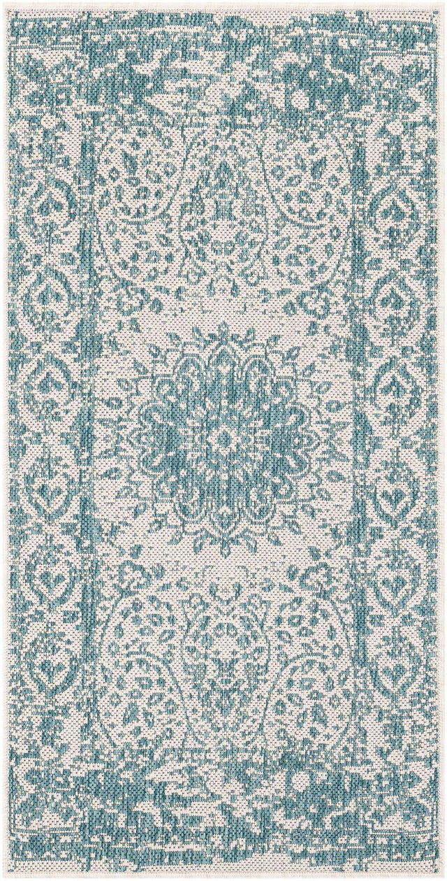 Aqua 2' x 4' 1 Outdoor Traditional Runner Area Rug Weather Resistant for Patio, Deck, Terrace, Balcony, Porch Classical Design Outside Carpet for Sale at Rug Engine