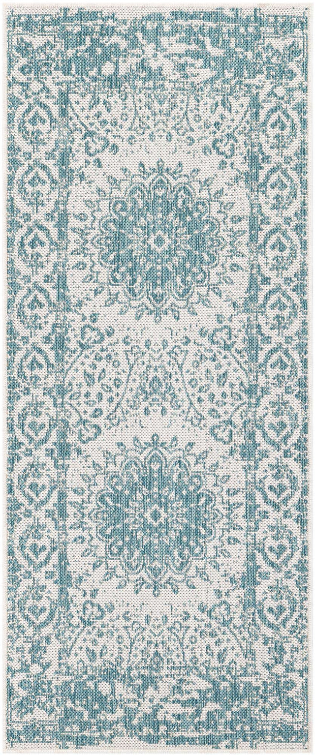 Aqua 2' x 5' 3 Outdoor Traditional Runner Area Rug Weather Resistant for Patio, Deck, Terrace, Balcony, Porch Classical Design Outside Carpet for Sale at Rug Engine