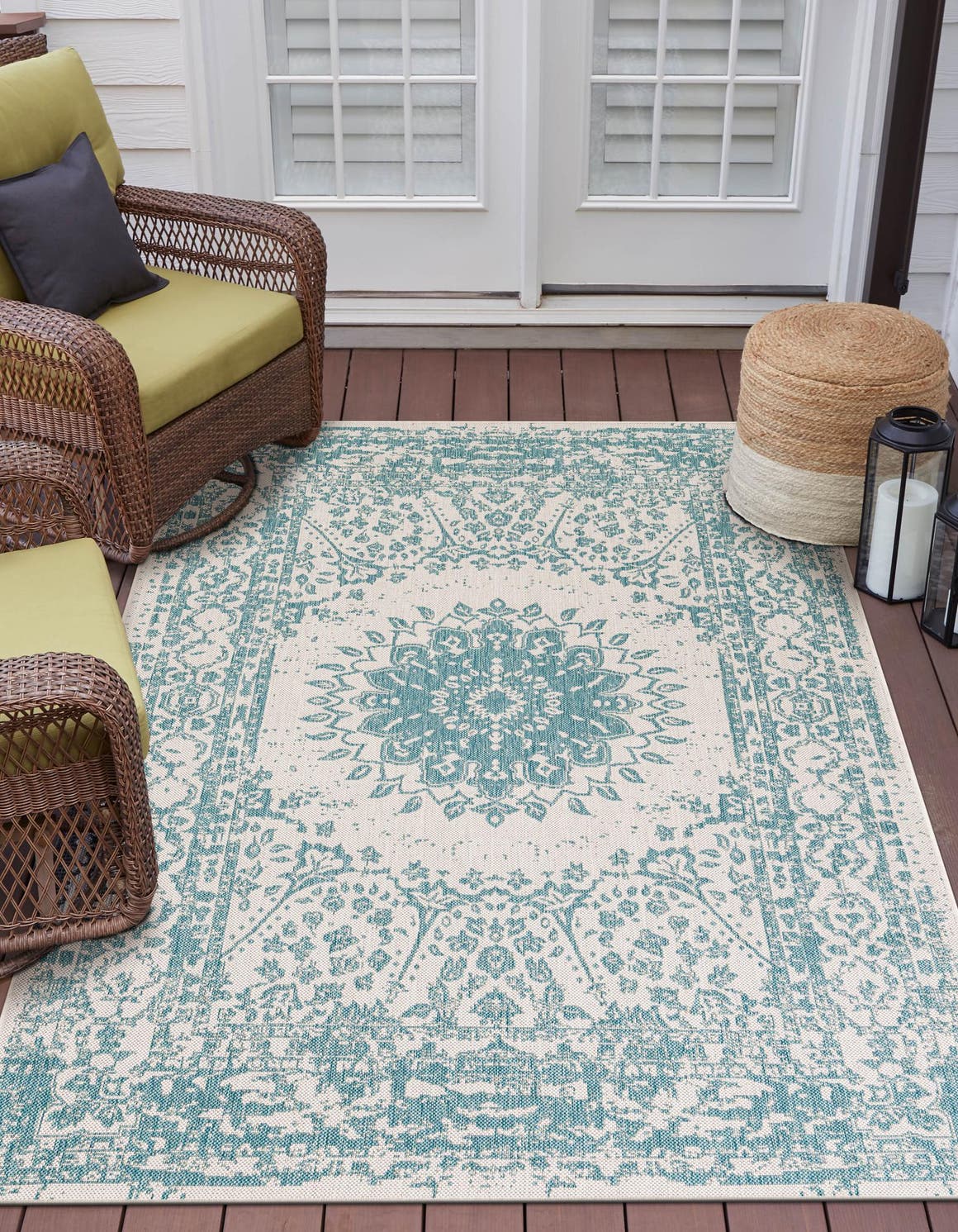 Aqua 7' 10 x 10' Outdoor Traditional Rectangle Area Rug Weather Resistant for Patio, Deck, Terrace, Balcony, Porch Classical Design Outside Carpet for Sale at Rug Engine