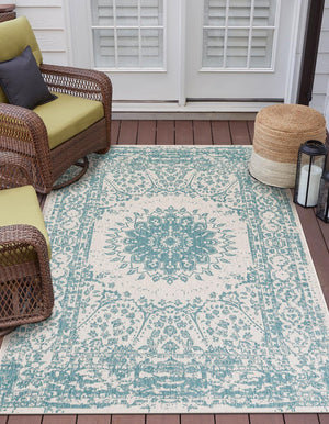 Aqua 5' 3 x 7' 1 Outdoor Traditional Rectangle Area Rug Weather Resistant for Patio, Deck, Terrace, Balcony, Porch Classical Design Outside Carpet for Sale at Rug Engine