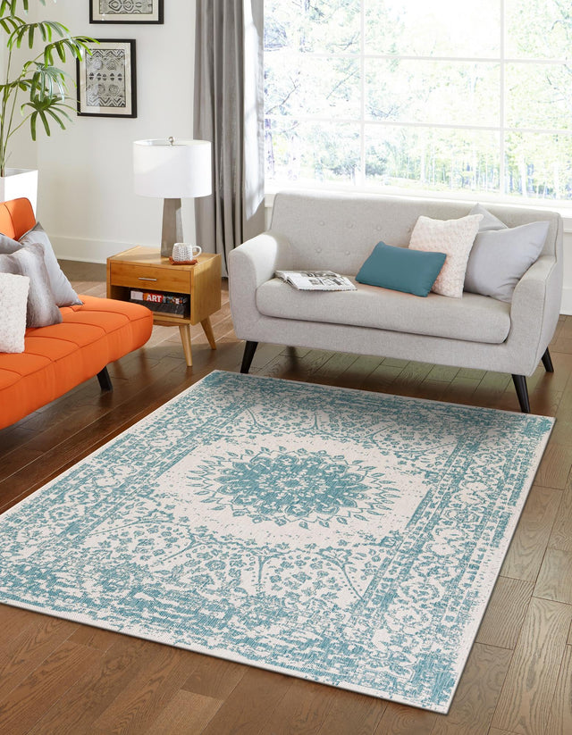 Aqua 10' x 14' 1 Outdoor Traditional Rectangle Area Rug Weather Resistant for Patio, Deck, Terrace, Balcony, Porch Classical Design Outside Carpet for Sale at Rug Engine