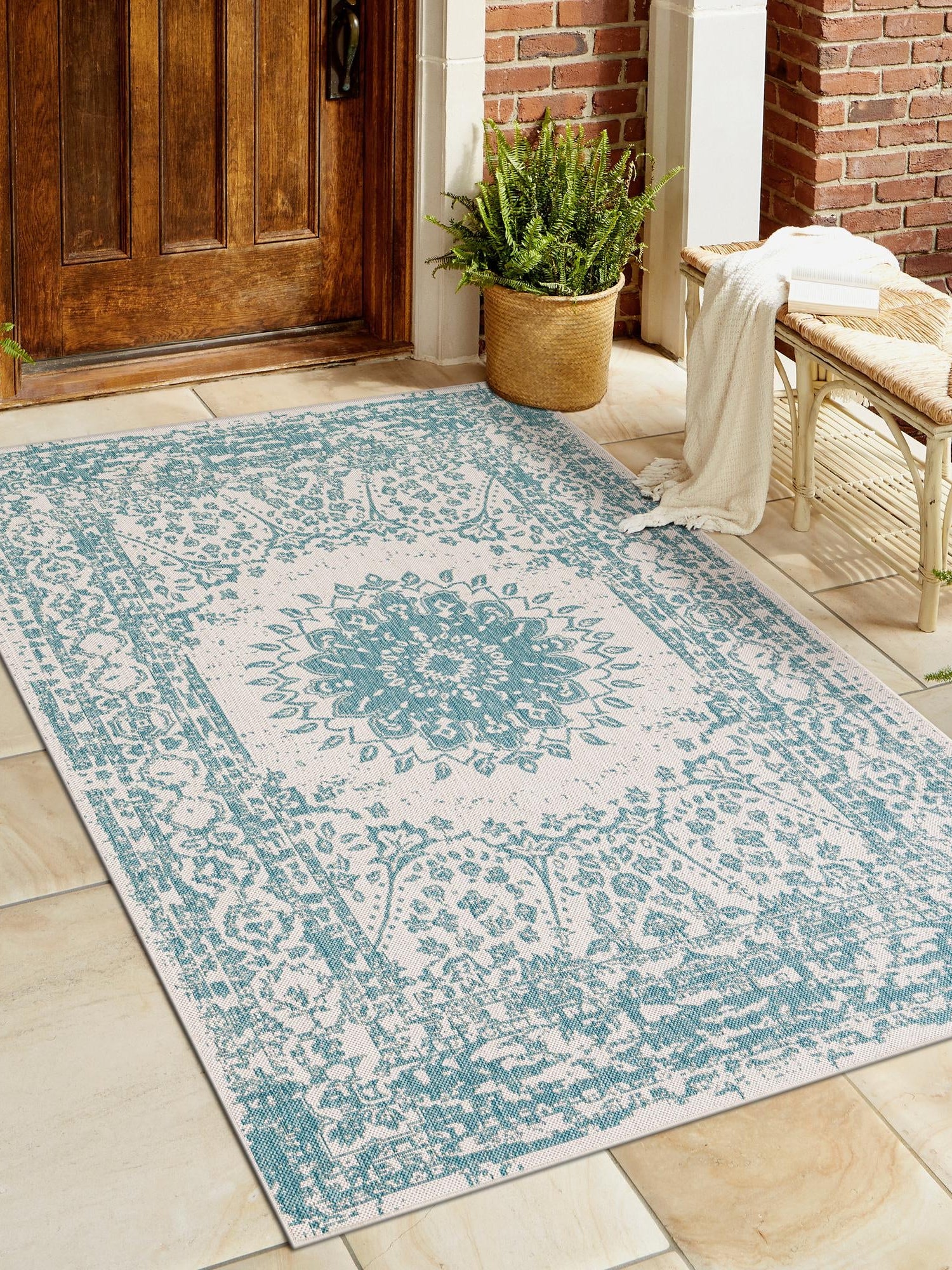 Aqua 5' 3 x 8' Outdoor Traditional Rectangle Area Rug Weather Resistant for Patio, Deck, Terrace, Balcony, Porch Classical Design Outside Carpet for Sale at Rug Engine
