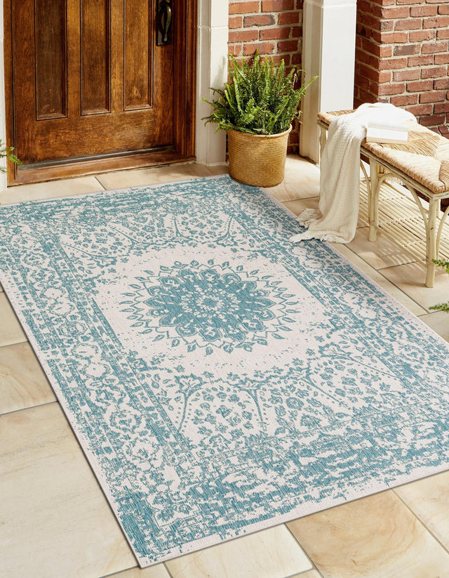 Aqua 10' x 14' 1 Outdoor Traditional Rectangle Area Rug Weather Resistant for Patio, Deck, Terrace, Balcony, Porch Classical Design Outside Carpet for Sale at Rug Engine