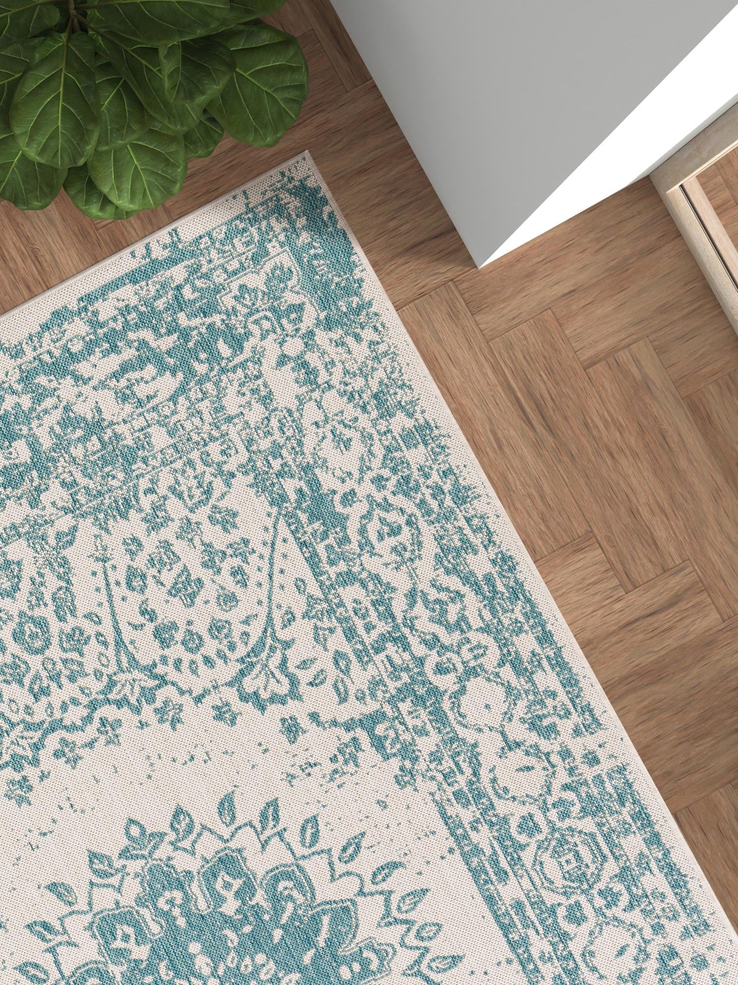 Aqua 7' 10 x 10' Outdoor Traditional Rectangle Area Rug Weather Resistant for Patio, Deck, Terrace, Balcony, Porch Classical Design Outside Carpet for Sale at Rug Engine
