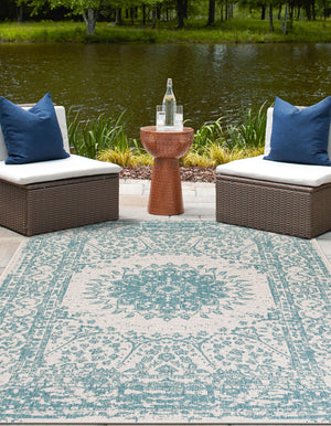 Aqua 2' x 3' 1 Outdoor Traditional Rectangle Area Rug Weather Resistant for Patio, Deck, Terrace, Balcony, Porch Classical Design Outside Carpet for Sale at Rug Engine