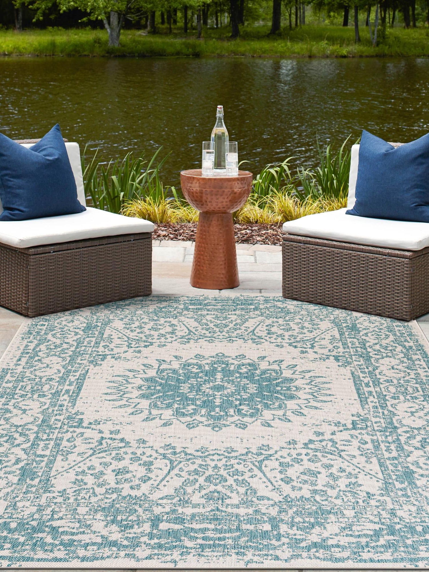 Aqua 5' 3 x 8' Outdoor Traditional Rectangle Area Rug Weather Resistant for Patio, Deck, Terrace, Balcony, Porch Classical Design Outside Carpet for Sale at Rug Engine