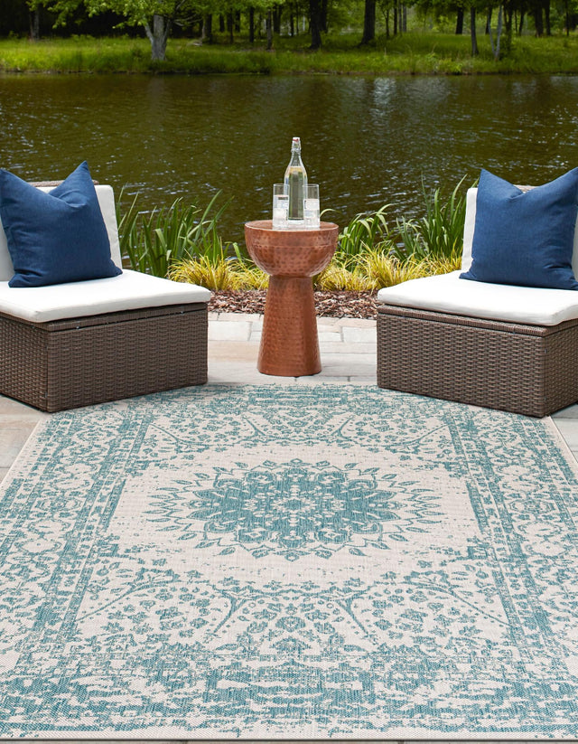 Aqua 10' x 14' 1 Outdoor Traditional Rectangle Area Rug Weather Resistant for Patio, Deck, Terrace, Balcony, Porch Classical Design Outside Carpet for Sale at Rug Engine