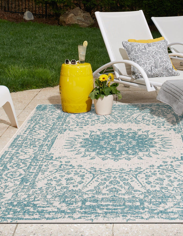 Aqua 2' x 3' 1 Outdoor Traditional Rectangle Area Rug Weather Resistant for Patio, Deck, Terrace, Balcony, Porch Classical Design Outside Carpet for Sale at Rug Engine