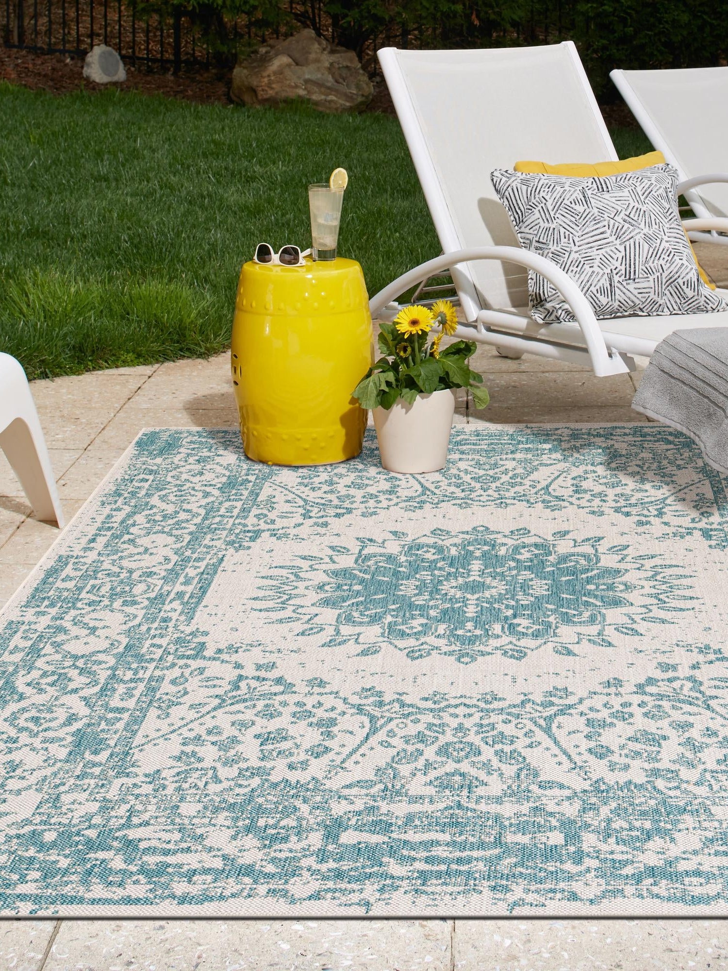 Aqua 7' 10 x 10' Outdoor Traditional Rectangle Area Rug Weather Resistant for Patio, Deck, Terrace, Balcony, Porch Classical Design Outside Carpet for Sale at Rug Engine