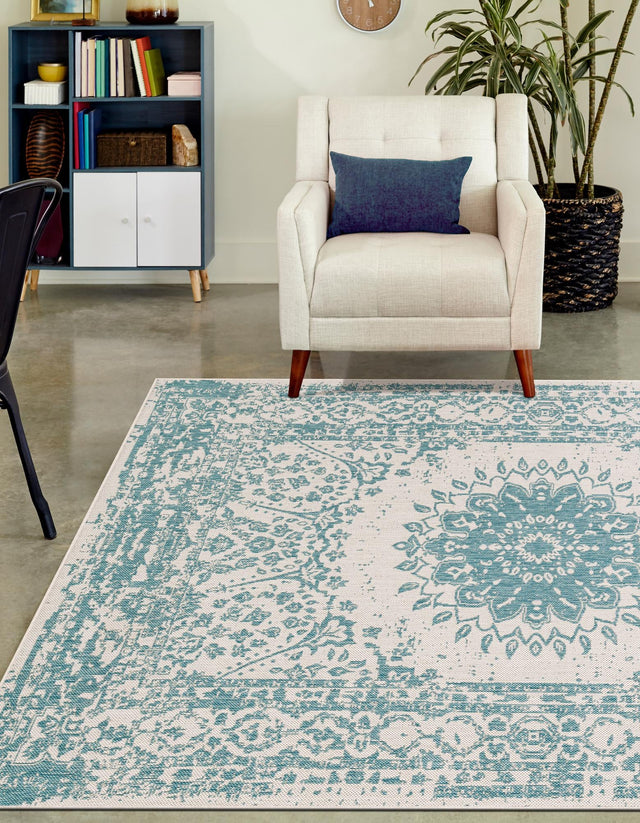 Aqua 2' x 3' 1 Outdoor Traditional Rectangle Area Rug Weather Resistant for Patio, Deck, Terrace, Balcony, Porch Classical Design Outside Carpet for Sale at Rug Engine