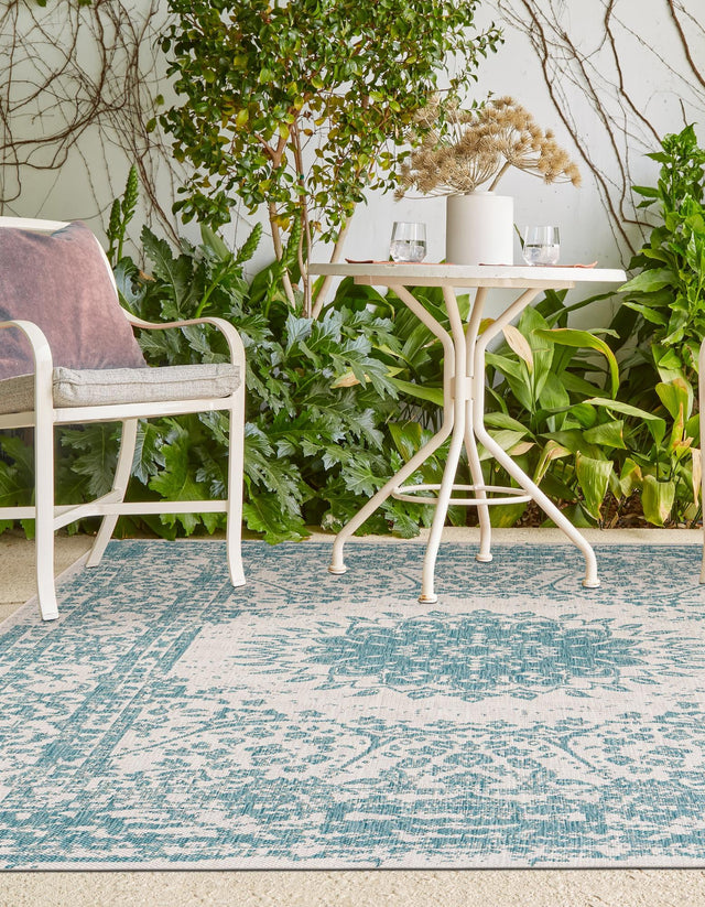 Aqua 10' x 14' 1 Outdoor Traditional Rectangle Area Rug Weather Resistant for Patio, Deck, Terrace, Balcony, Porch Classical Design Outside Carpet for Sale at Rug Engine