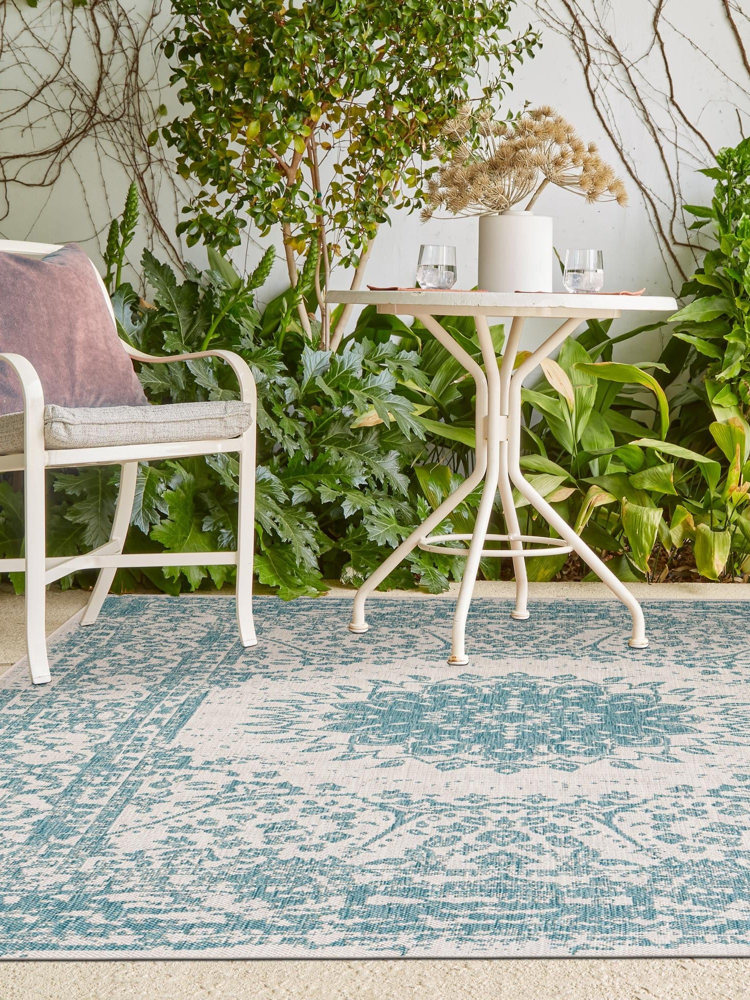 Aqua 4' 1 x 6' 1 Outdoor Traditional Rectangle Area Rug Weather Resistant for Patio, Deck, Terrace, Balcony, Porch Classical Design Outside Carpet for Sale at Rug Engine