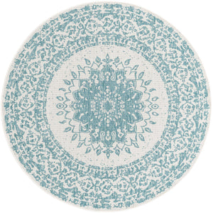 Aqua 6' 1 x 6' 1 Outdoor Traditional Round Area Rug Weather Resistant for Patio, Deck, Terrace, Balcony, Porch Classical Design Outside Carpet for Sale at Rug Engine