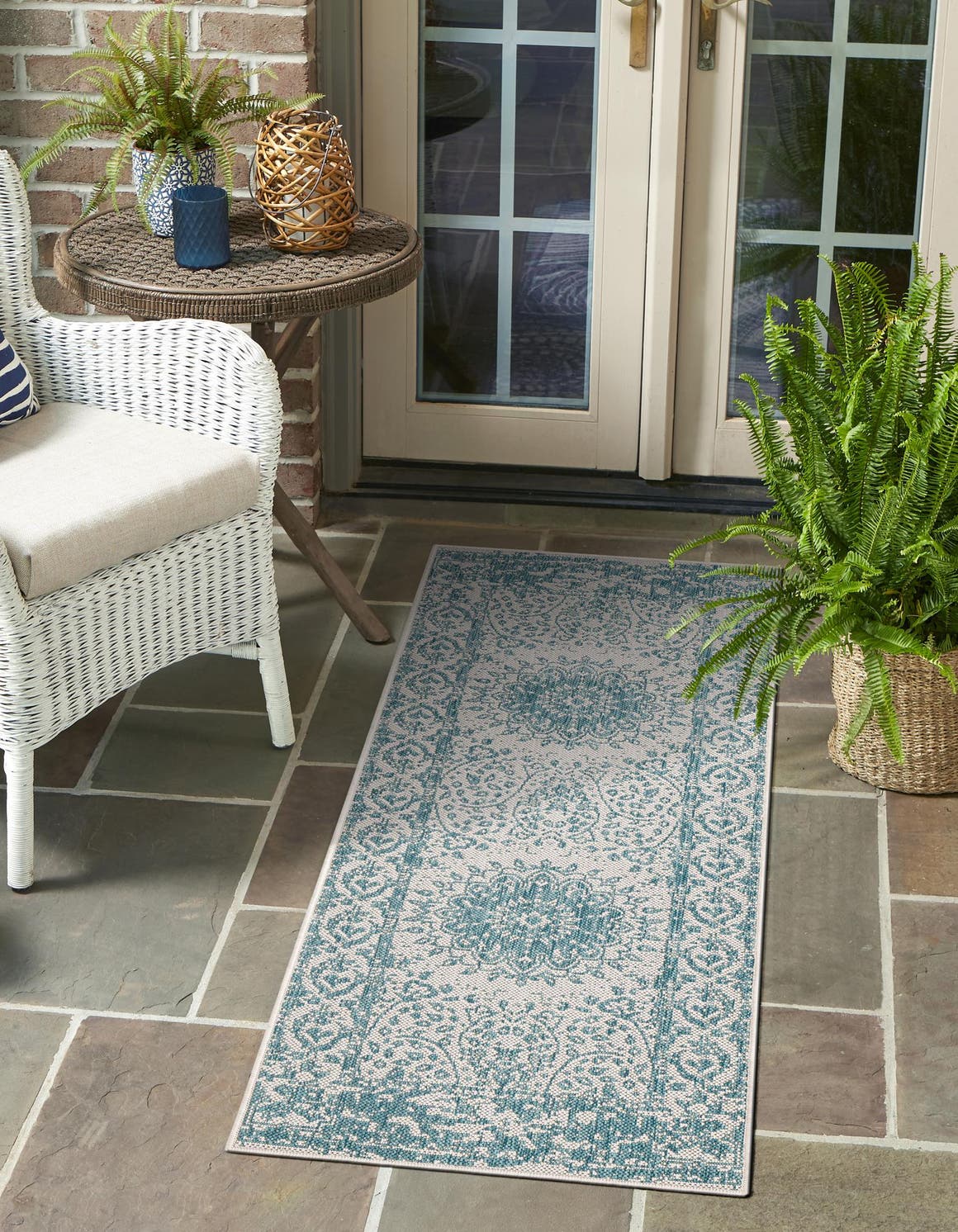 Aqua 2' x 5' 3 Outdoor Traditional Runner Area Rug Weather Resistant for Patio, Deck, Terrace, Balcony, Porch Classical Design Outside Carpet for Sale at Rug Engine