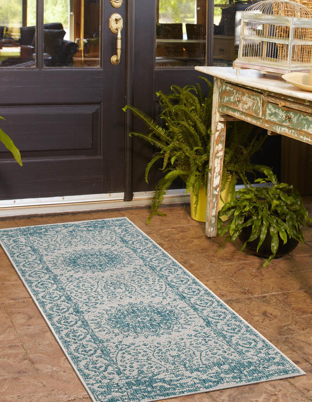 Aqua 2' x 4' 1 Outdoor Traditional Runner Area Rug Weather Resistant for Patio, Deck, Terrace, Balcony, Porch Classical Design Outside Carpet for Sale at Rug Engine