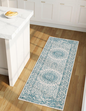 Aqua 2' x 6' 1 Outdoor Traditional Runner Area Rug Weather Resistant for Patio, Deck, Terrace, Balcony, Porch Classical Design Outside Carpet for Sale at Rug Engine