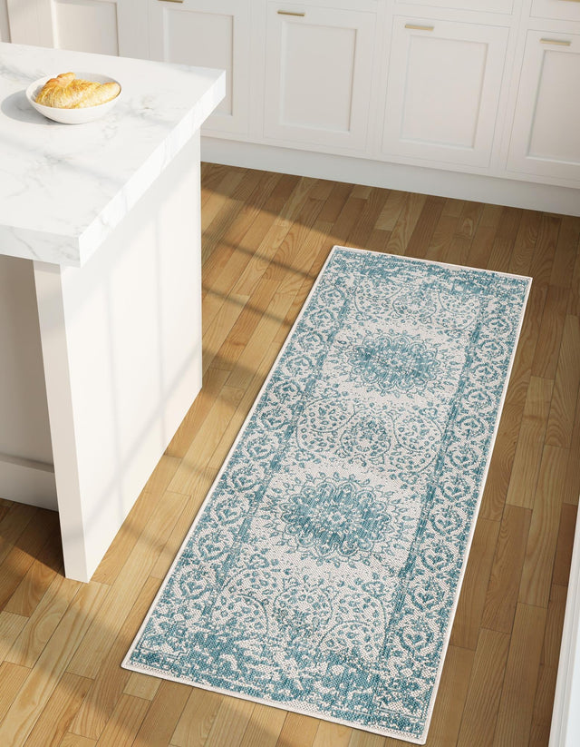 Aqua 2' x 6' 1 Outdoor Traditional Runner Area Rug Weather Resistant for Patio, Deck, Terrace, Balcony, Porch Classical Design Outside Carpet for Sale at Rug Engine