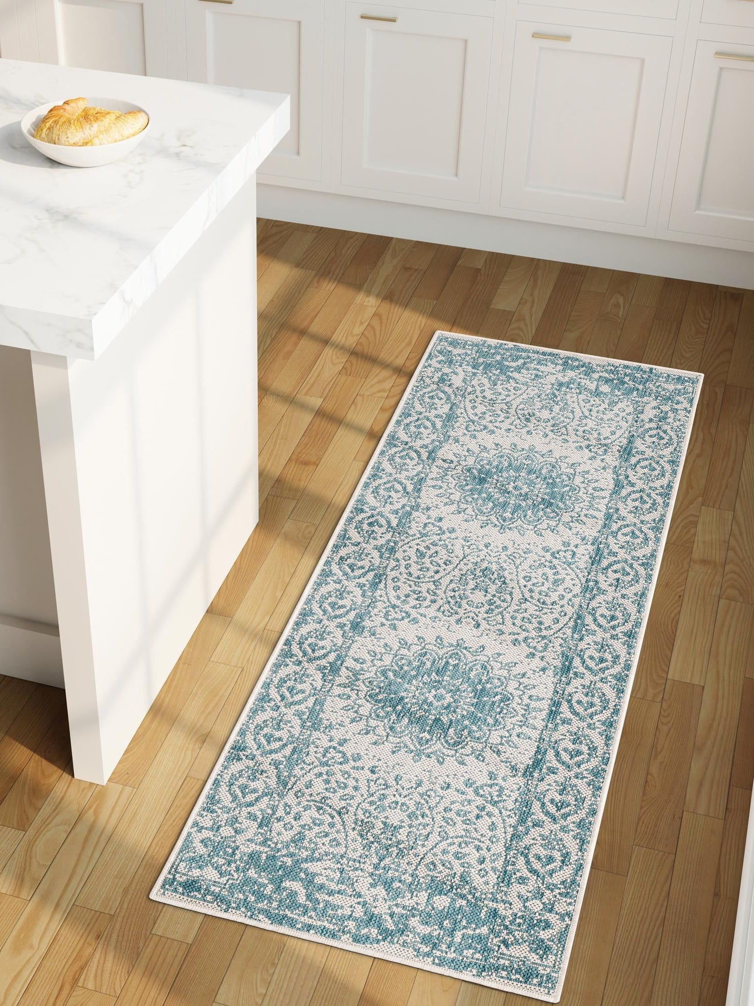 Aqua 2' 7 x 12' Outdoor Traditional Runner Area Rug Weather Resistant for Patio, Deck, Terrace, Balcony, Porch Classical Design Outside Carpet for Sale at Rug Engine