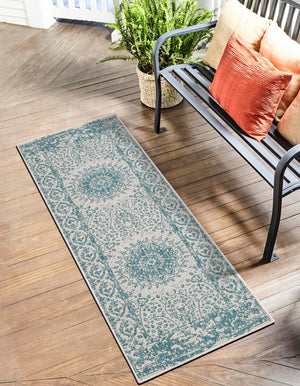 Aqua 2' 7 x 12' Outdoor Traditional Runner Area Rug Weather Resistant for Patio, Deck, Terrace, Balcony, Porch Classical Design Outside Carpet for Sale at Rug Engine