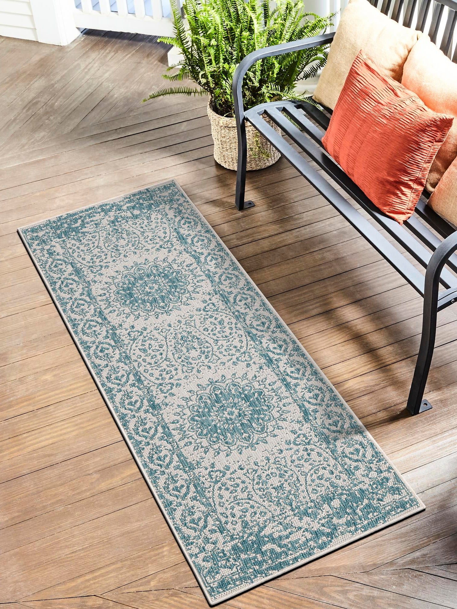 Aqua 2' x 5' 3 Outdoor Traditional Runner Area Rug Weather Resistant for Patio, Deck, Terrace, Balcony, Porch Classical Design Outside Carpet for Sale at Rug Engine