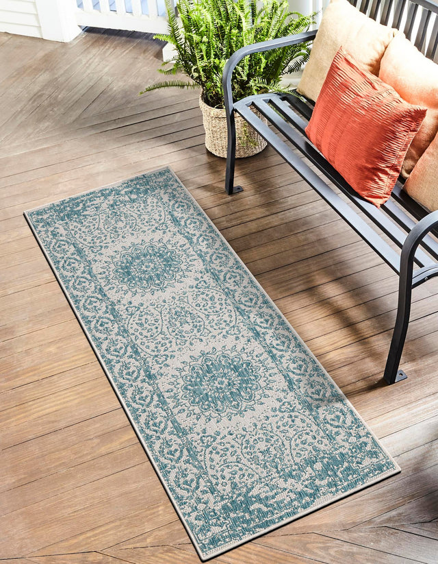 Aqua 2' x 5' 3 Outdoor Traditional Runner Area Rug Weather Resistant for Patio, Deck, Terrace, Balcony, Porch Classical Design Outside Carpet for Sale at Rug Engine