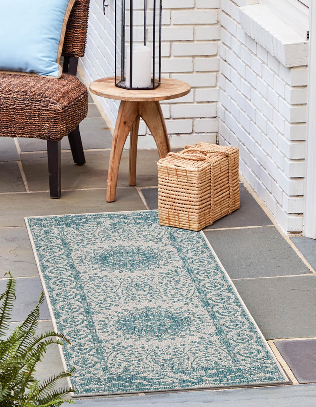 Aqua 2' x 5' 3 Outdoor Traditional Runner Area Rug Weather Resistant for Patio, Deck, Terrace, Balcony, Porch Classical Design Outside Carpet for Sale at Rug Engine
