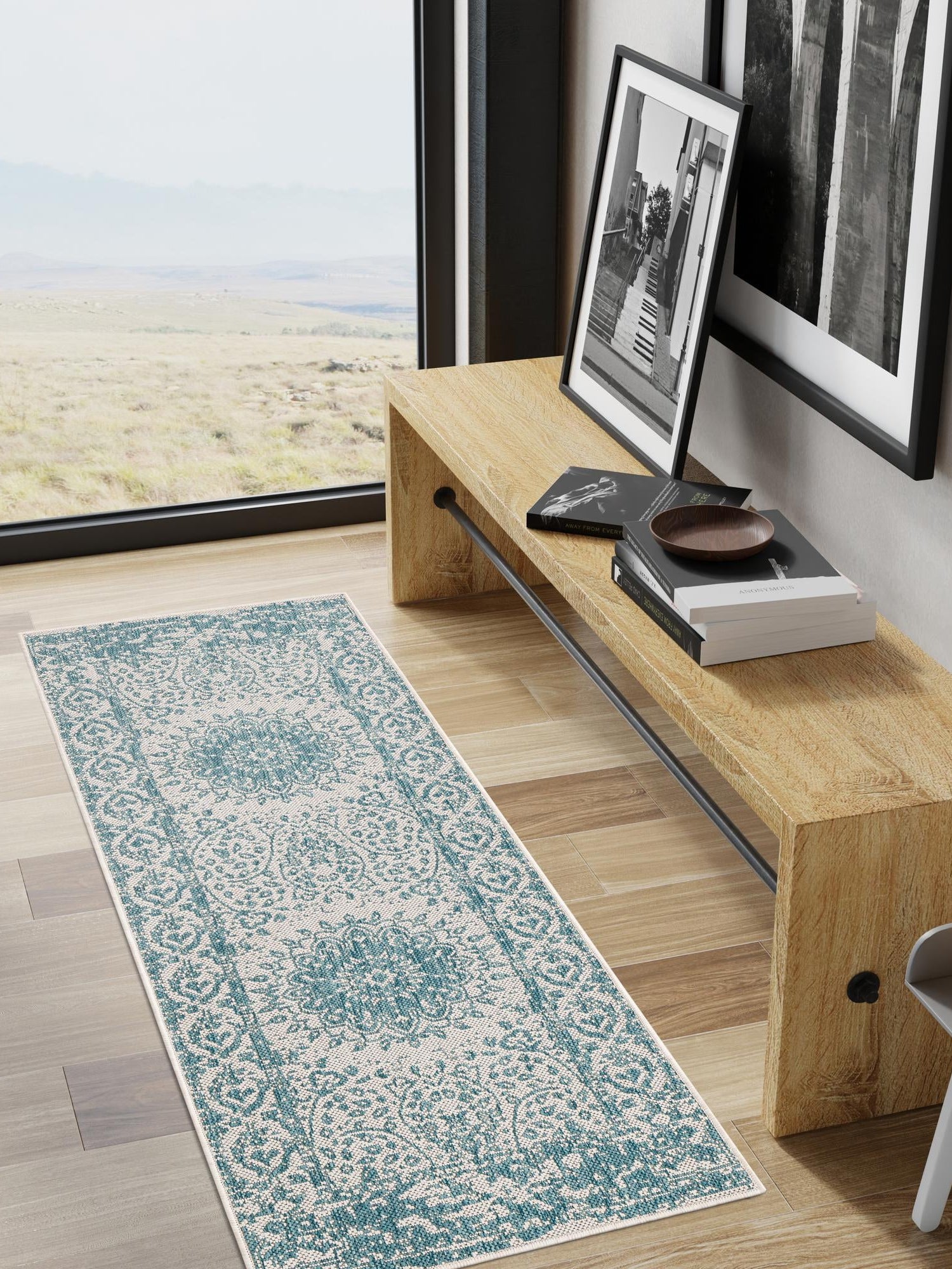 Aqua 2' x 4' 1 Outdoor Traditional Runner Area Rug Weather Resistant for Patio, Deck, Terrace, Balcony, Porch Classical Design Outside Carpet for Sale at Rug Engine