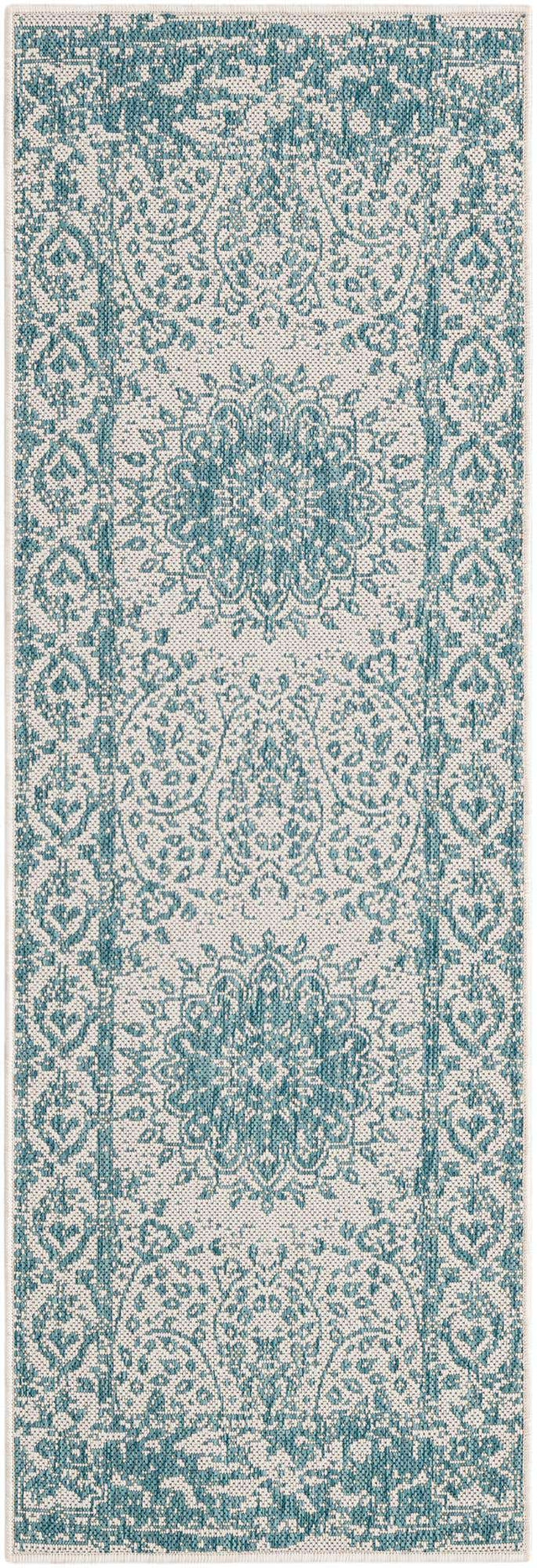 Aqua 2' x 6' 1 Outdoor Traditional Runner Area Rug Weather Resistant for Patio, Deck, Terrace, Balcony, Porch Classical Design Outside Carpet for Sale at Rug Engine