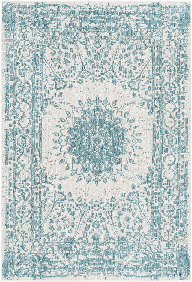 Aqua 6' 1 x 9' Outdoor Traditional Rectangle Area Rug Weather Resistant for Patio, Deck, Terrace, Balcony, Porch Classical Design Outside Carpet for Sale at Rug Engine