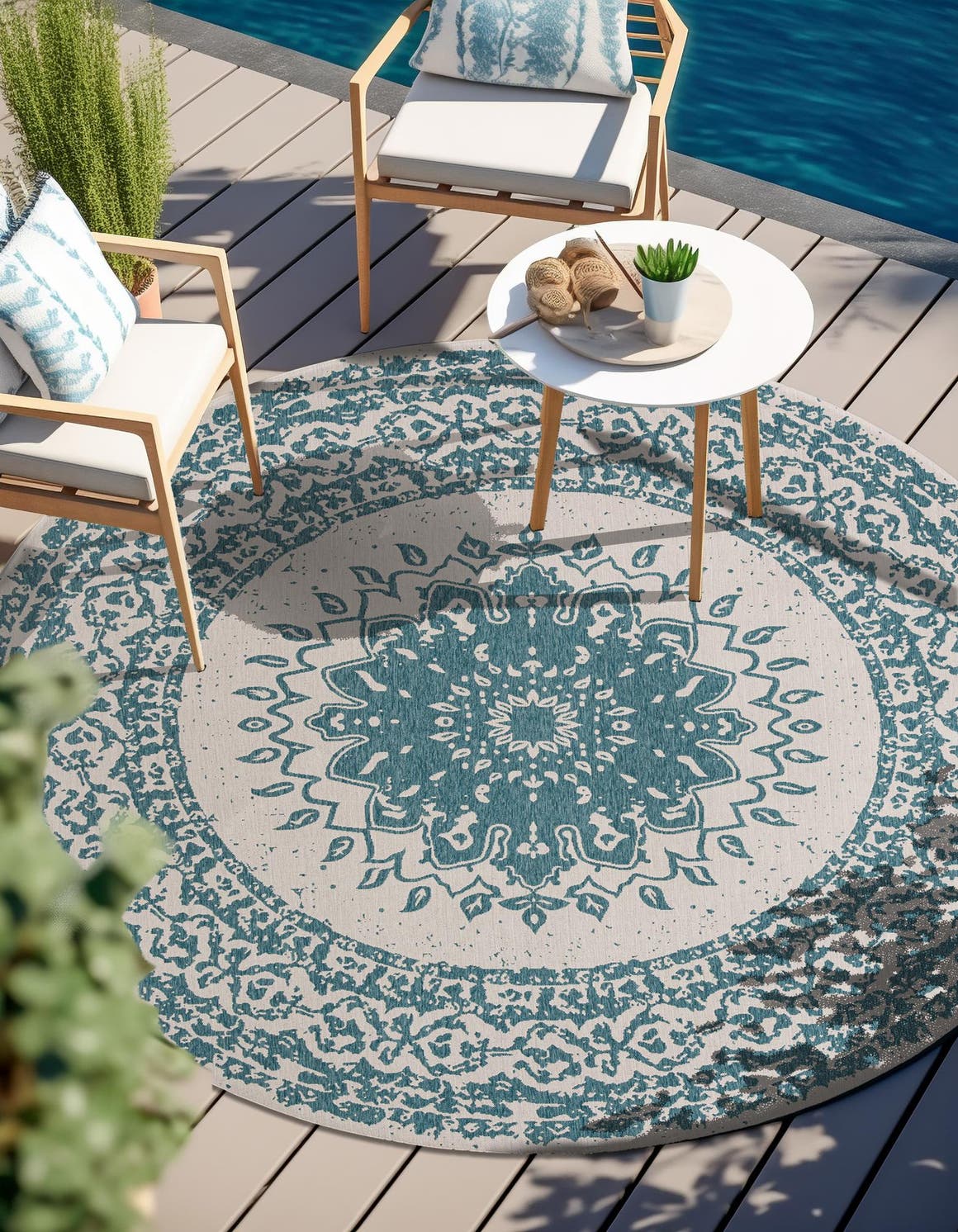 Aqua 10' x 10' Outdoor Traditional Round Area Rug Weather Resistant for Patio, Deck, Terrace, Balcony, Porch Classical Design Outside Carpet for Sale at Rug Engine