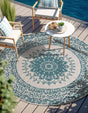 Aqua 10' x 10' Outdoor Traditional Round Area Rug Weather Resistant for Patio, Deck, Terrace, Balcony, Porch Classical Design Outside Carpet for Sale at Rug Engine