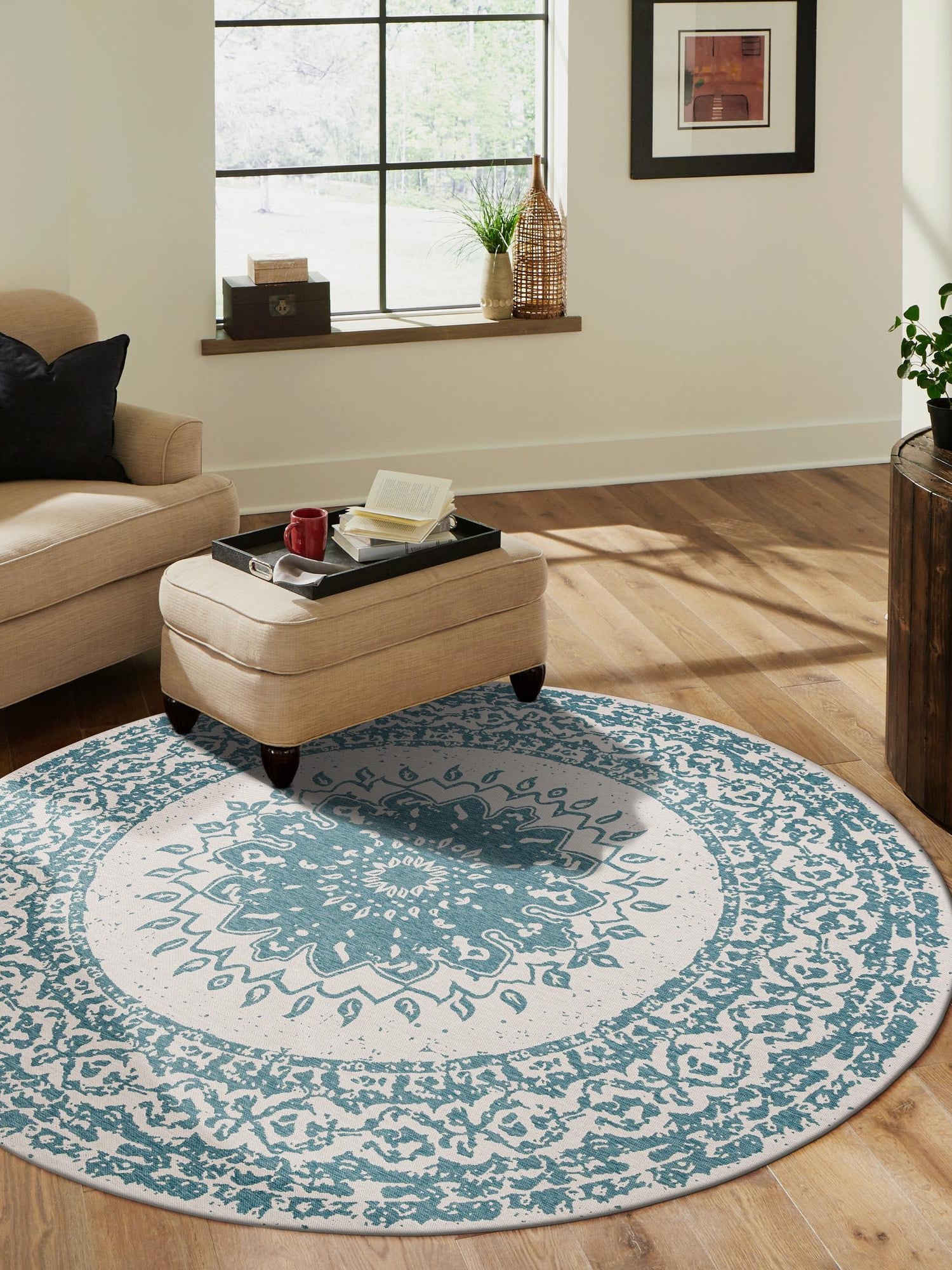 Aqua 3' 1 x 3' 1 Outdoor Traditional Round Area Rug Weather Resistant for Patio, Deck, Terrace, Balcony, Porch Classical Design Outside Carpet for Sale at Rug Engine