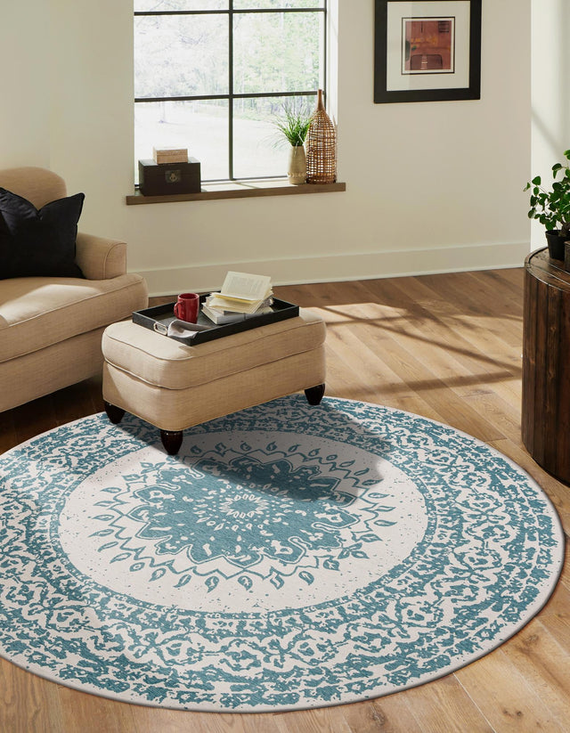 Aqua 3' 1 x 3' 1 Outdoor Traditional Round Area Rug Weather Resistant for Patio, Deck, Terrace, Balcony, Porch Classical Design Outside Carpet for Sale at Rug Engine
