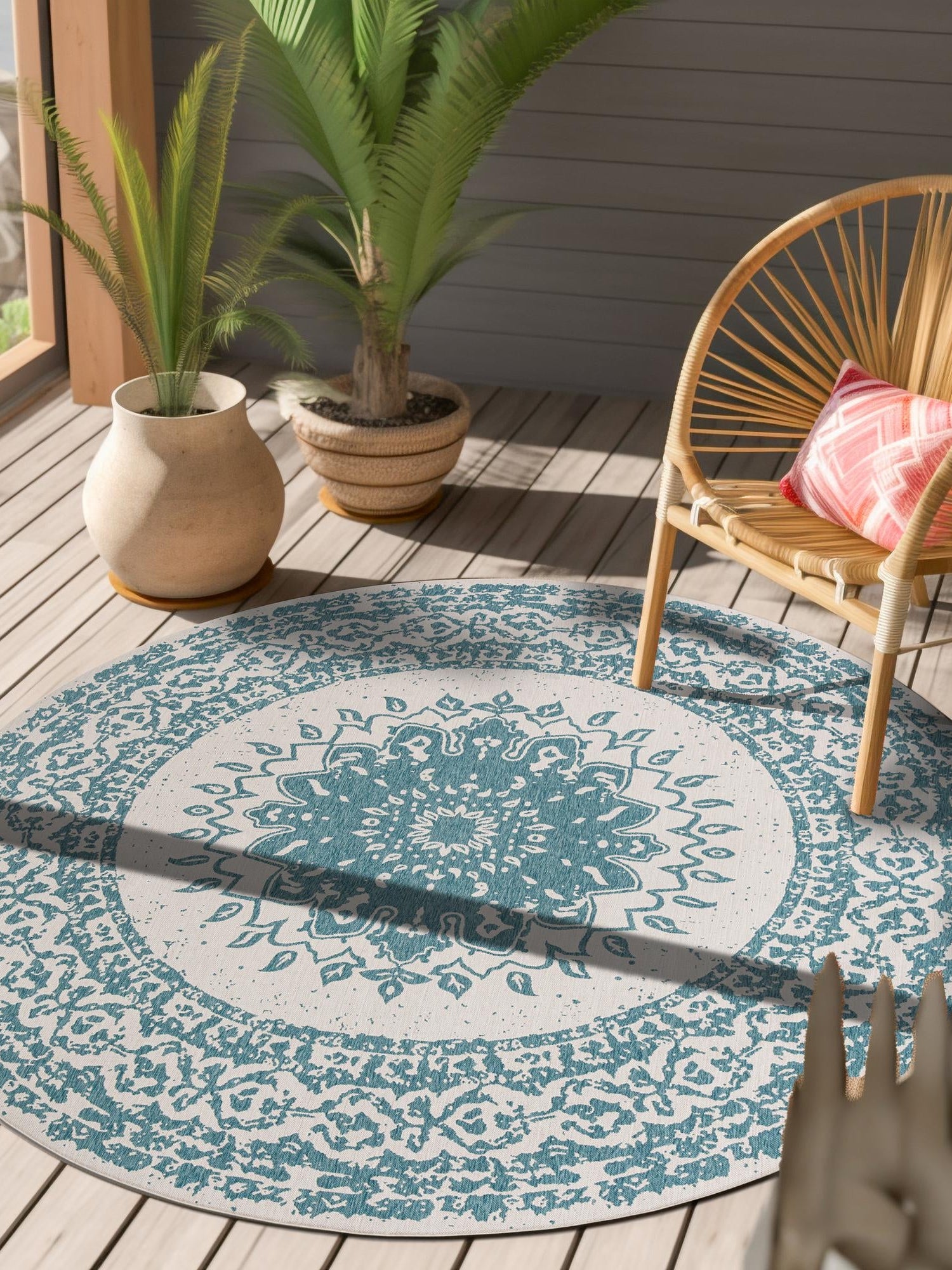 Aqua 10' x 10' Outdoor Traditional Round Area Rug Weather Resistant for Patio, Deck, Terrace, Balcony, Porch Classical Design Outside Carpet for Sale at Rug Engine